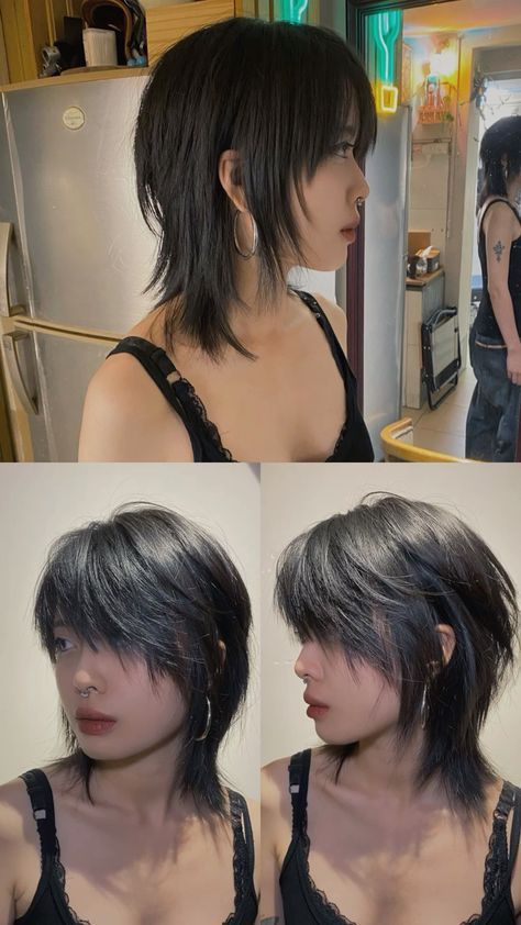 Shag Mullet Thick Hair, Short Chunky Layered Hair, Rattail Haircut Female, Asian Short Wolfcut, Short Hair Asian Women Round Face, Short Fairy Haircuts, Asian Haircuts Short, Haircut Mullet Women, Fluffy Shag Haircut