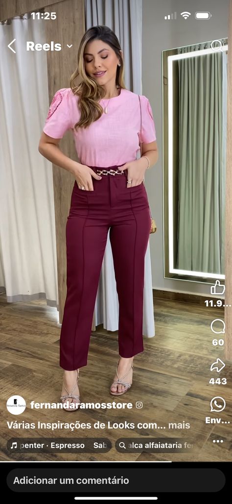 Dark Pink Pants Outfit, Wine Pants Outfit Work, Bordo Pants Outfits, Fitted Burgundy Pants For Work, Burgundy High-waisted Pants For Spring, Burgandy Work Pants, Outfit Pantalon Vino, Pink Pants Outfit, Slacks Outfit