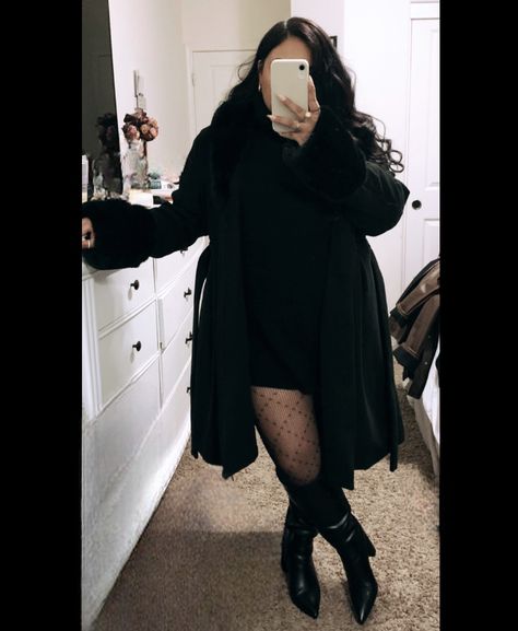 Black coat, knee length leather boots black sweater dress, fish net tights #fashion #outfitideas Black Night Out Outfit, All Black Night Out Outfit, Black Thigh High Boots Outfit, Plus Size Black Skirt, Fish Net Tights, Thigh High Boots Outfit, Net Tights, Leather Boots Black, Black Thigh High Boots