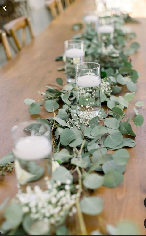 Simple Eucalyptus Centerpiece Wedding Table Decor, Wedding Decorations With Eucalyptus, Eucalyptus And Candles Wedding, Floating Candles Eucalyptus, Wedding Table Garland With Candles, Eucalyptus And Candle Centerpiece, Eucaliptus Decoration Table, Simple Rustic Wedding Decorations Table, Long Table Centerpieces Wedding Simple