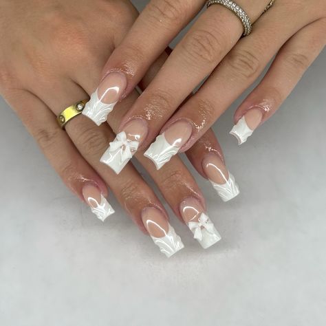 simple white french tip 3d nail art chrome and white nail bow graduation square acrylic nails for spring 3d Nail Art Square, 3d White Nails, 3d Nails Square, White Chrome French Tip Nails, Acrylic Nails For Spring, French Acrylic Nail Designs, Nail Bow, Nail Art Chrome, 3d Acrylic Nails