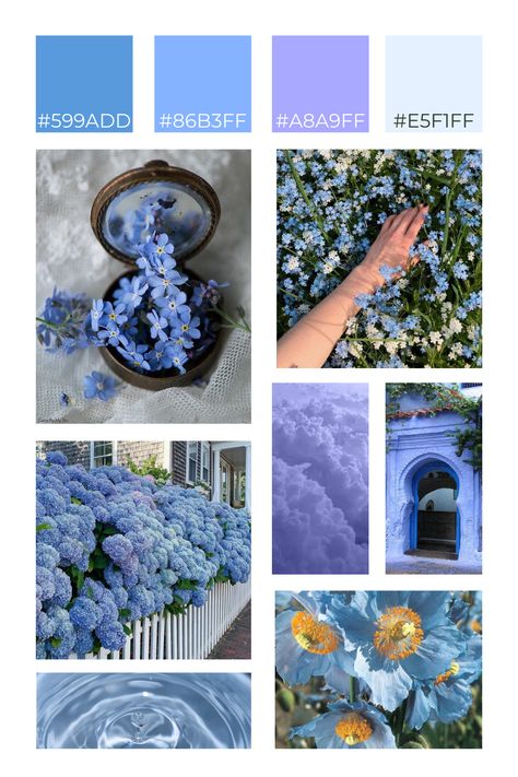 Mood Boards Flower, Mood Board Flowers, Flower Inspiration Board, Flower Mood Board, Floral Mood Board, Blue Flower Aesthetic, Mood Board Painting, Blue Mood Board, Colour Moodboard