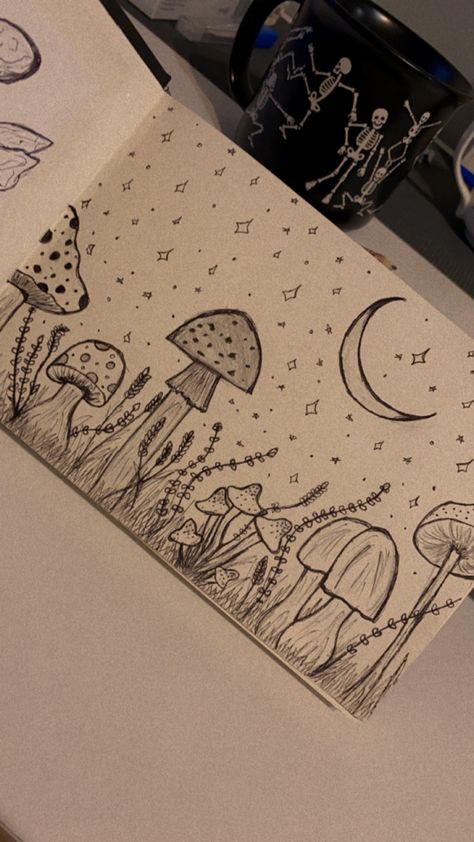 Drawing Mushrooms, Seni Dan Kraf, Cool Pencil Drawings, Meaningful Drawings, Easy Doodle Art, Easy Doodles Drawings, Easy Drawings Sketches, Book Art Diy, Doodle Art Designs