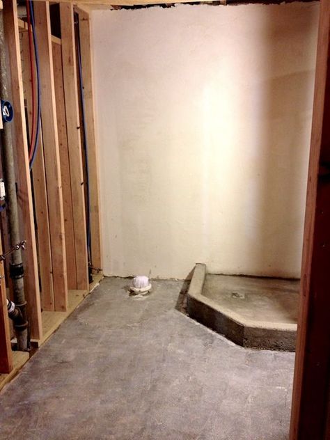 Basement Shower Ideas, Bathroom In Basement, Small Basement Bathroom Ideas, Basement Bathroom Ideas, Basement Bathrooms, Small Basement Bathroom, Exposed Trusses, Basement Bathroom Design, Old Bathroom