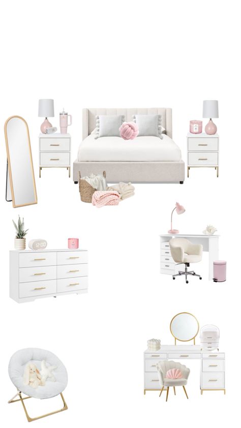 Room Idea Layout, Pink And White Bedroom Ideas Small Rooms, Light Pink Aesthetic Bedroom Ideas, Pink And White Room Inspiration, Nyc Room Ideas, Pink Gold And White Room, White Gold And Pink Bedroom, Cleangirlaesthetic Room, Room Inspo Pink And White