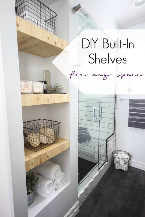 Make your own modern Built-In Shelving with this simple DIY tutorial. Love the natural wood used in this beautiful bathroom renovation! Great tutorial for DIY shelving in the bedroom, living room, or any room! Diy Built In Shelves, Modern Bathroom Renovations, Bad Inspiration, Basement Bathroom, Wood Shelf, Bath Room, Bathroom Renos, Built In Shelves, Bathroom Shelves