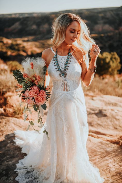 Western Wedding Dress With Turquoise, Western Wedding Dresses Simple, Southwest Wedding Dress, Wedding Boots For Bride Boho, Western Fringe Wedding Dress, Boho Spring Wedding Dress, Viking Style Wedding Dress, Wedding Dress With Turquoise Jewelry, Turquoise Wedding Jewelry Brides