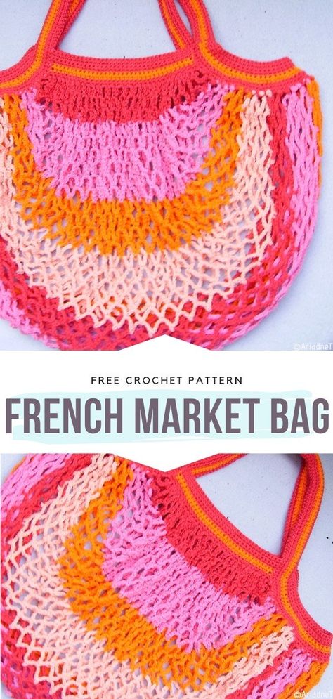 French Market Bag Free Crochet Pattern This bag will be great for carrying your baguette, lemons and loads of your Parisian chic. Use the neon cocktail of juicy colors if you want to make a fashion statement and stand out from the crowd or go for something neutral instead. So many possibilities here! #crochetbag #crochetmarketbag #freecrochetpattern Crochet French Market Bag, French Market Bag Crochet Pattern Free, Crochet Market Bags Free Patterns, Crochet Market Bag Free Pattern, Free Crochet Market Bag, Crochet Market Bags, Crochet Totes, Crocheted Purses, Market Bag Crochet