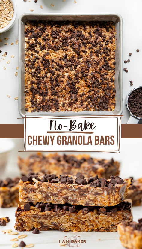 one image is a silver pan of uncut granola bars, the second is two bars on a countertop No Bake Chewy Granola Bars, Easy No Bake Breakfast, Granola Ideas, Grab And Go Snacks, Chewy Granola Bars Homemade, Planning 2024, Quinoa Breakfast Bars, Cereal Bars Recipes, Granola Bar Recipe