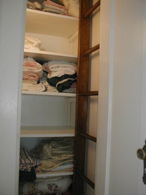 Linen closet Closet Stairs To Attic, Closet Attic Access, Attic Stairs In Closet, Closet With Attic Access, Hidden Attic Access, Attic Access Ideas, Attic Hideaway, Attic Ladder Ideas, Attic Entrance