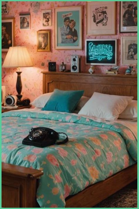 Retro-themed bedroom with floral bedding, vintage rotary phone on the bed, and neon “ON THE AIR” sign on the wall. 1980s Bedroom Aesthetic, 1950s Bedroom Decor, Retro Bedroom Aesthetic, 1980s Bedroom, Future Mood, 80s Bedroom Ideas, 1980s Interior, Kitchen Tile Inspiration, Iconic Posters