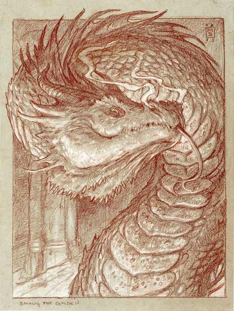 Smaug Reference, Smaug Illustration, Smaug Art, Smaug Drawing, Golden Drawing, Smaug Dragon, Tolkien Art, Dragon Sketch, Toned Paper