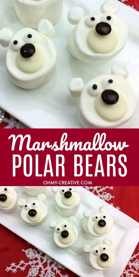 Adorable Marshmallow Polar Bear Craft Treats for Hot Chocolate | OHMY-CREATIVE.COM | Polar Bear Marshmallows | Polar Bear Hot Chocolate | Christmas Treats | Polar Bear Crafts #PolarBears #PolarBearMarshmallows #Christmas #ChristmasTreats #HotChocolate #Ma Non Chocolate Christmas Treats, Bear Marshmallow, Christmas Marshmallows, Polar Bear Craft, Bear Craft, Marshmallow Treats, Winter Treats, Chocolate Christmas, Bear Crafts