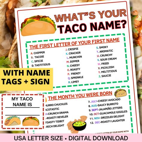 What's Your Taco Name Game With Nametags & Signcinco De Mayo Taco Game Partymexican Printable Family Birthday Game for Kids,teens,adults - Etsy Taco Games, Birthday Games For Kids, Name Game, Taco Lover, Name Games, Game Party, Family Birthday, Game For Kids, Family Night