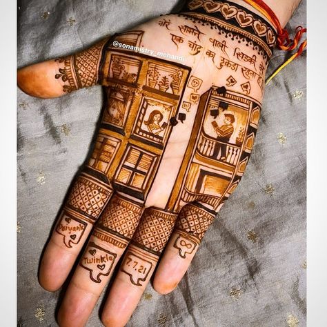 SonaMistry Mehandi|Bridal Mehandi Specialist on Instagram: “Why should only brides get love story customised? This time I customised a love story for a groom. The boy fell in love with a girl who…” Cute Couple Mehndi Design, Gangaur Mehndi Designs, Hand Mahendi, Mehandi Bridal, Heart Mehndi, Unique Henna, Mehandi Art, Engagement Mehndi, Wedding Badges