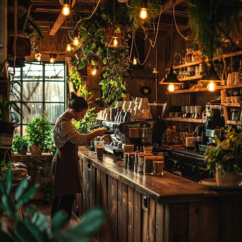 #Barista Makes #Coffee: A skilled #barista prepares a fresh #coffee in a cozy, #plant-filled, rustic-style #cafe interior. #espresso #aiart #aiphoto #stockcake ⬇️ Download and 📝 Prompt 👉 https://stockcake.com/i/barista-makes-coffee_91409_1484 Cool Barista Aesthetic, Tropical Coffee Shop Interior Design, Tea Shops Interior, Mystical Coffee Shop, Organic Cafe Interior, Autumn Coffee Shop Aesthetic, Mountain Cafe Design, Hipster Coffee Shop Aesthetic, Botanical Coffee Shop