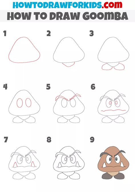 How to Draw Goomba - Easy Drawing Tutorial For Kids Mario Kart Drawing Easy, How To Make A Cartoon Character, How To Draw Mario Characters Step By Step, Easy Drawings Tutorial Step By Step, Learn How To Draw Step By Step, Mario Drawing Easy Step By Step, How To Draw Super Mario Characters, How To Draw Luigi, Mario Characters Drawing Easy