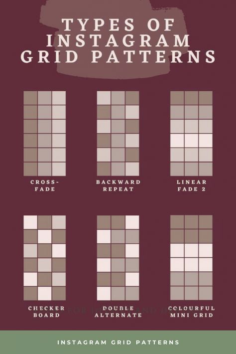 Types of Instagram Grid Patterns Instagram Grid Layout, Branding Basics, Instagram Grid Design, Grid Design Pattern, Instagram Feed Tips, Instagram Design Layout, Grid Patterns, Insta Layout, Instagram Feed Planner