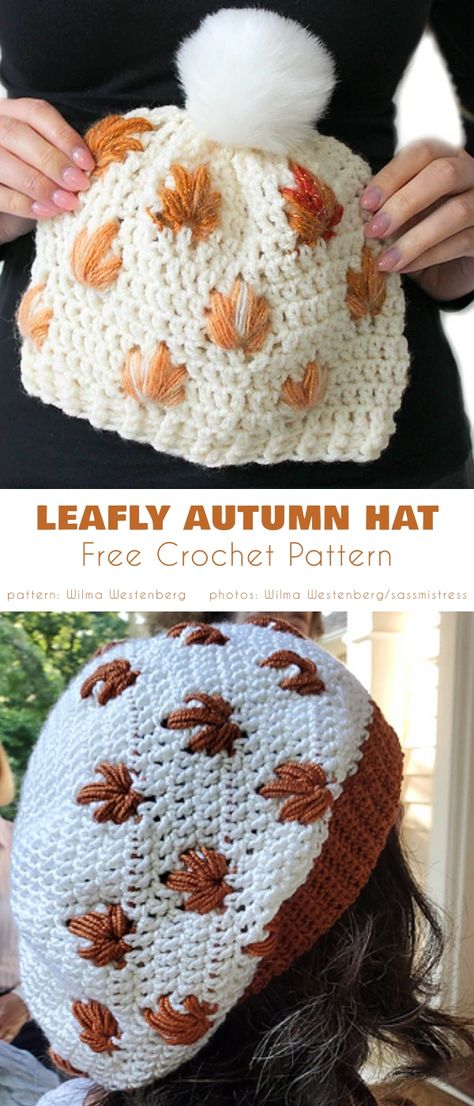 Crochet Leaf Hat, Crochet Leaf Stitch, Quirky Crafts, Yarn Twists, Crochet Pumpkin Hat, Hat Free Crochet Pattern, Leaf Stitch, Leaf Hat, Autumn Crochet