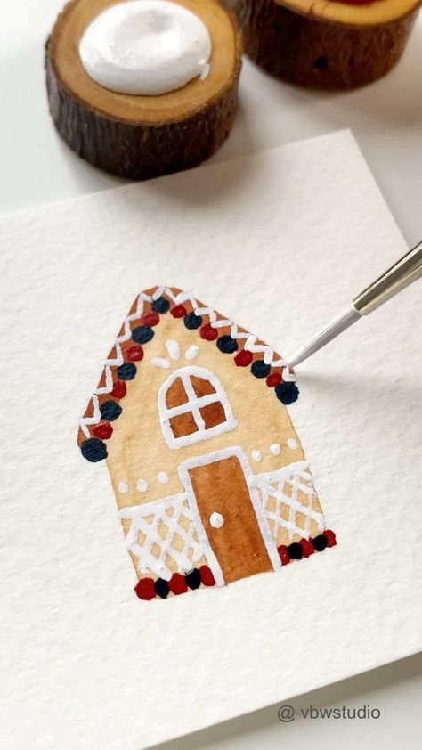 Cute Christmas Gift Card Ideas, Gingerbread House Watercolor Painting, Watercolour Gingerbread House, Gingerbread House Watercolor, Watercolor Gingerbread House, Watercolor Paintings Winter, Christmas House Painting, Christmas Watercolor Paintings Easy, Gingerbread House Painting