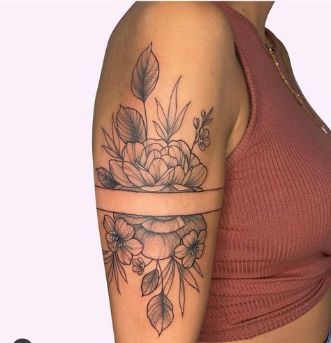 Sleeve Band Tattoo, Arm Cap Tattoo, Band Tattoos For Men Bicep, Nature Arm Band Tattoo For Women, Cuff Tattoo Upper Arm, Tattoo Ideas Arm Band, Women’s Arm Band Tattoo, Tattoo Arm Cuff, Botanical Wrap Tattoo Upper Arm