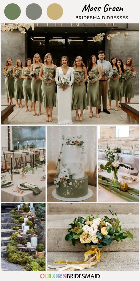 Olive Green Motif Wedding, Mustard Yellow And Sage Green Wedding, Olive Green Bridesmaid Bouquet, Olive White And Gold Wedding, Moss Green And Taupe Wedding, Olive Green Gold Wedding Theme, Moss Wedding Color Scheme, Moss And Blush Wedding Colors, Moss Green Wedding Dress