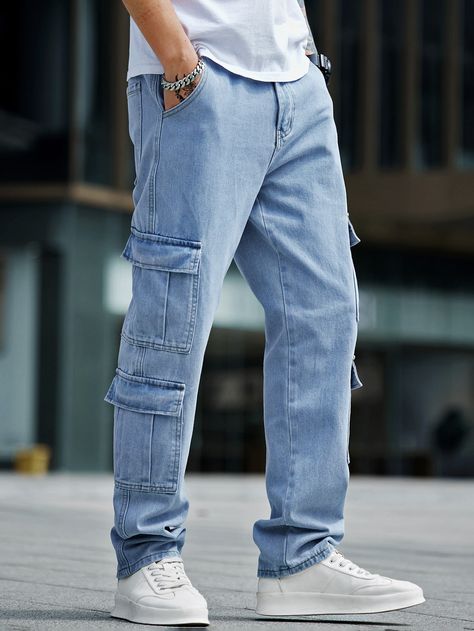 Light Wash    Denim Plain Straight Leg Embellished Non-Stretch  Men Denim Denim On Denim Outfit Men, Jean Cargo Pants Outfit, Flap Pocket Cargo Jeans, Mens Jeans Pockets, Jeans Pants Outfit, Denim Outfit Men, Latest African Men Fashion, Pants Outfit Men, Denim Cargo Pants