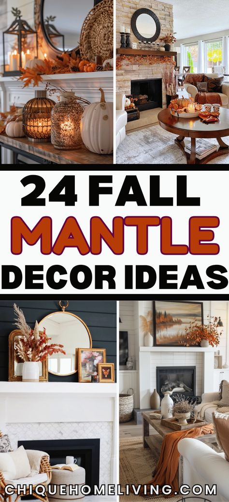 Ready to transform your living space for autumn? These 24 stunning fall mantle decor ideas will add warmth and seasonal charm to your home. Whether you prefer a rustic farmhouse look with pumpkins, burlap, and candles, or a modern vibe with metallic accents and minimalist florals, there’s something here to inspire every style. Mantle Fall Decor, Simple Fall Mantle, Thanksgiving Mantle Decor, Fall Candlesticks, Fall Fireplace Mantel, Thanksgiving Mantel Decor, Chimney Decor, Fall Mantel Decor, Fall Fireplace Decor