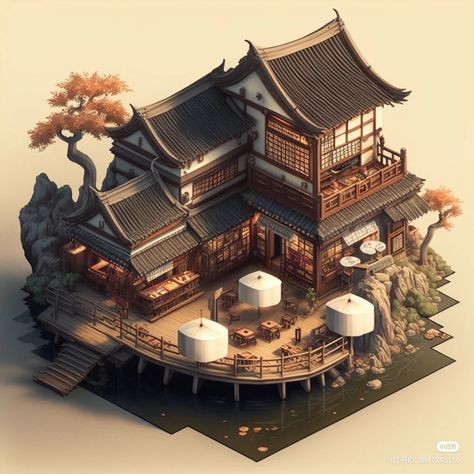 Japanese House Fantasy Art, Japanese Concept House, Traditional Asian Architecture, Fantasy Japanese House, Two Story Japanese House, Samurai Architecture, Japanese House Concept Art, Japanese Buildings Traditional, Japanese Mansion Traditional