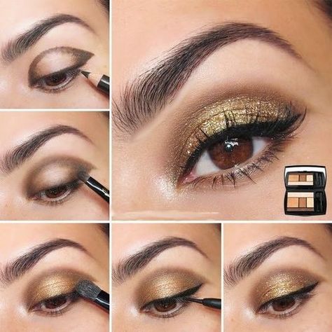 DIY Golden Makeup Magical View African American Makeup Tutorial, Make Up Yeux, Festival Eye Makeup, Eyeshadow Basics, Golden Eyeshadow, Golden Makeup, American Makeup, African American Makeup, Gold Eye Makeup