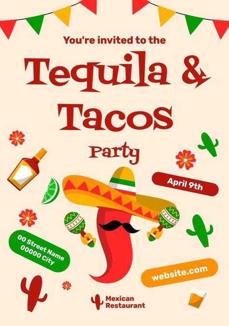 Hand-drawn Funny Tacos And Tequila Party Invitation Tacos And Tequila Party, Tequila Party, Taco Humor, Tacos And Tequila, Taco Party, Party Flyers, Graphic Design Images, Brand Kit, Street Names