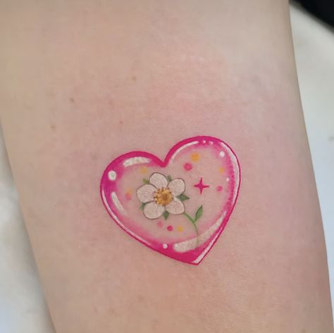 Soft Girly Tattoos, Cute Small Colorful Tattoos, Kawaii Style Tattoo, Cute 3x3 Tattoos, Cute Tattoos With Color, Pink Color Tattoo, Cute Pink Tattoos, Small Colorful Tattoos For Women, Squishmallow Tattoo