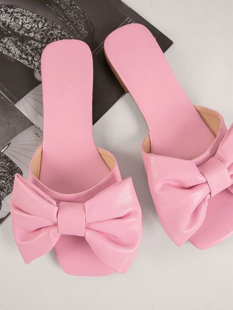 Vegan Leather Bow Vamp Square Toe Slides | SHEIN USA Sandals With Bow, Bow Slides, Women Flat Sandals, Pink Preppy, White Nike Shoes, Slides Women, Girly Shoes, Leather Bow, Casual Slippers