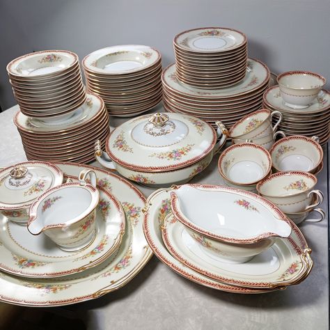 https://www.etsy.com/listing/1688239074/vintage-rose-china-japan-noritake-ro6-91 Vintage Rose (Japan) China Pattern number RO6 delicate sprays of flowers on cream band background, a maroon band with gold laurel and fleur d lis and gold verge band design. Almost complete (Missing 2 cups) service for 12. #VintageChina #GrandmasChina #serviceForTwelve #FineChina #OccupiedJapan #RoseChinaJapan #oldNoritakeChina Noritake China Patterns Vintage, Noritake China Patterns, Vintage China Patterns, Cream Band, Fine China Dinnerware, China Dinnerware Sets, Noritake China, Band Design, Antique China