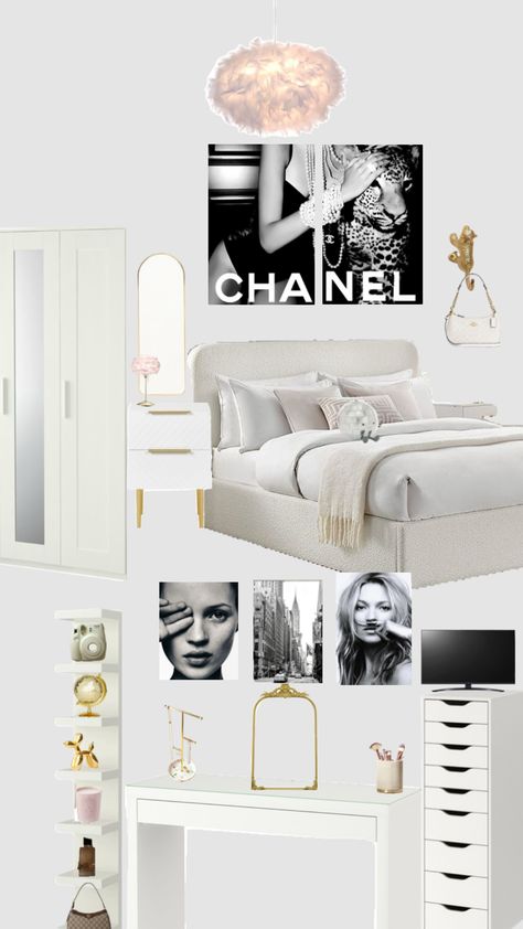 New York Aesthetic Room Decor, City Bedroom Decor, Elegant Teen Bedroom, Bedroom Ideas Quirky, Chanel Room Aesthetic, Vogue Room Ideas, Black And White Room Ideas Bedroom, Old Money Room Inspo Bedroom, Vouge Room Ideas