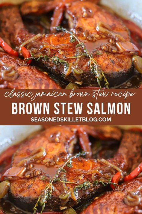 Flounder Fish Stew, Brown Stew Salmon, Stew Salmon Recipes, Carribean Salmon, Fall Dinner Recipes Pescatarian, Stew Fish Carribean, Jamaican Brown Stew Fish Recipes, Winter Seafood Dishes, Stewed Salmon Recipes