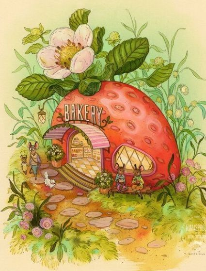 Fruit House, Strawberry House, Strawberry Art, House Series, Basket Drawing, Whimsical Art Paintings, 귀여운 음식 그림, Illustration Story, Best Anime Drawings