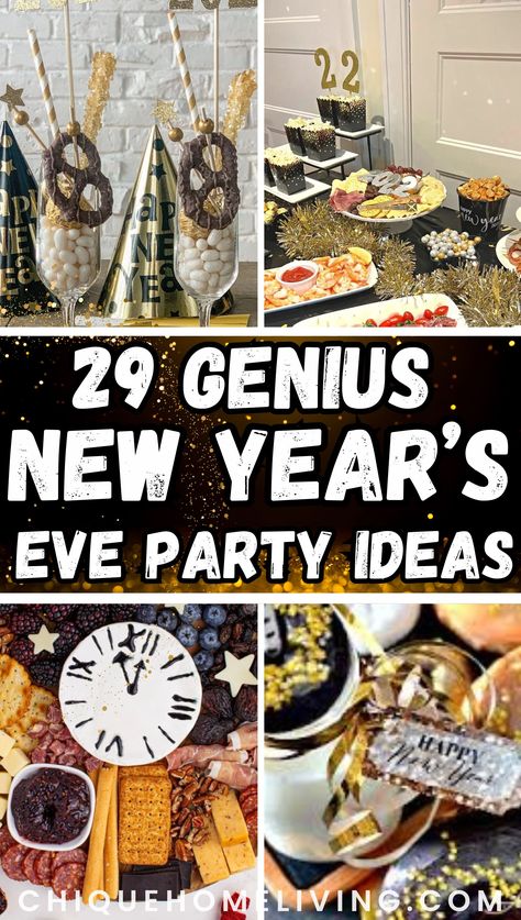 Ready to ring in the New Year in style? 🎉 Check out these 29 New Year’s Eve Party Ideas to Kick Off the New Year Right! From glamorous DIY decorations to sparkling drink stations and fun photo booth props, these ideas will make your party unforgettable. Try hosting a midnight countdown bar, serving delicious finger foods, or setting up a champagne tower for a show-stopping toast. Don’t forget party games like a resolution jar or balloon drop to keep the fun going. New Years Eve Baking Ideas, New Years Themed Party, No Cup Party Ideas, House Party Set Up, New Year’s Eve Themed Desserts, New Year’s Eve Dessert Ideas, New Year’s Eve Party Snacks, New Year’s Eve Party Foods, New Year’s Party Food