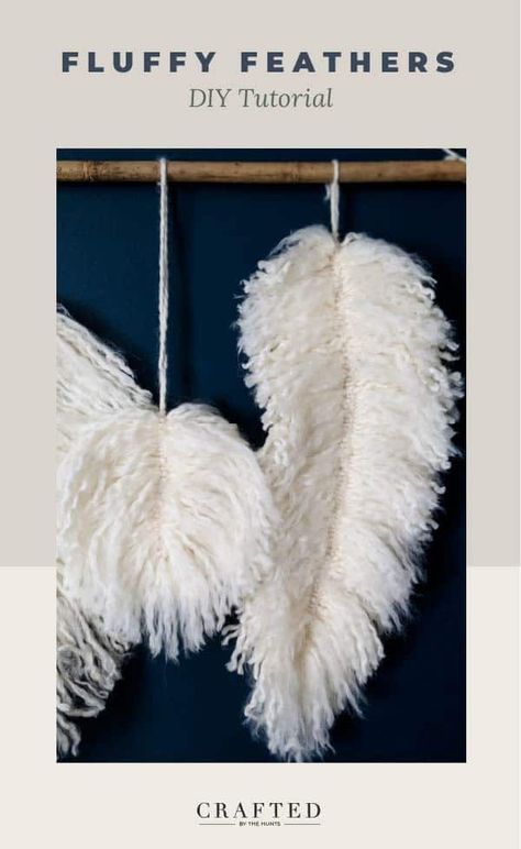 Have a big wall you need to fill with a large wall hanging? Make this DIY feather wall hanging--a fluffy take on DIY macrame feathers. Feather Macrame Wall Hangings Diy, Feathers Made From Yarn, Diy Boho Feather Decor, Fabric Feathers Diy How To Make, How To Stiffen Macrame Feathers, How To Make Yarn Feathers, Feather Macrame Wall Hangings, Yarn Feathers Wall Hangings, How To Make Feathers Out Of Yarn