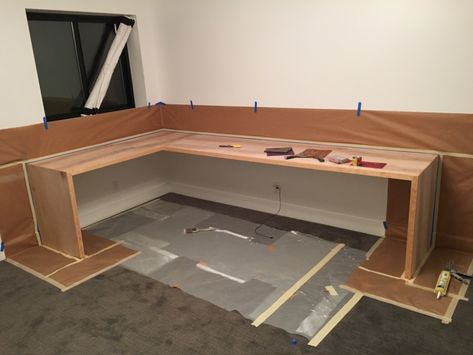 Diy Long Desk, Built In L Shaped Desk, Waterfall Edge Desk, L Shaped Desk Diy, L Shaped Desk Plans, Diy Built In Desk, Wood Waterfall, Modern Corner Desk, Waterfall Desk