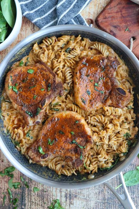 Pasta and Pork Chops - Golden Grace Kitchen Pork Chop Pasta, Air Fry Pork Chops, Air Fryer Pork Chops, Chicken Parmesan Pasta, Tomato Basil Pasta, Fried Pork Chops, Parmesan Pasta, Chicken Ideas, Boneless Pork Chops