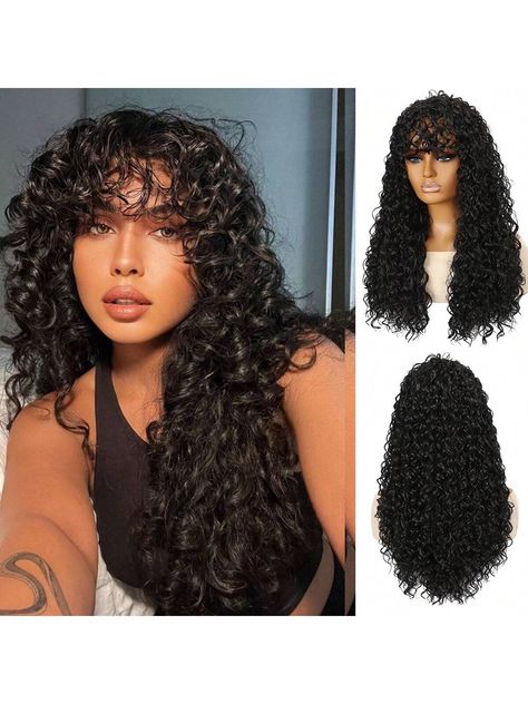 Black Bouncy Curly Wigs For Women Long Afro Curly Wig With  Bangs Heat Resistant Synthetic Wig 22 Inches For Africa American WomenI discovered amazing products on SHEIN.com, come check them out! Afro Curly Wig, Long Afro, Curly Wig With Bangs, Wig With Bangs, Curly Wig, Wigs For Women, Short Wigs, Synthetic Wig, Wigs With Bangs