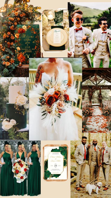 Wedding color palette: Emerald green and ivory w/ orange accents Emerald Green And Orange Wedding, Emerald Green And Orange, Green And Orange Wedding, Color Palette Emerald Green, Wedding Colors Palette, Emerald Wedding Colors, Emerald Wedding, Orange Wedding, Orange Accents