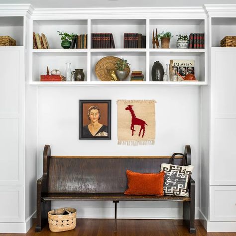 Large Entryway Shelf, Entry Way Book Shelf, Book Bag Entry Way, Modern Traditional Entryway Bench, Entryway Built In Bench, Church Bench Entryway, Church Pew Entryway, Front Entry Bench, Entryway Bench Room & Board Modern Furniture