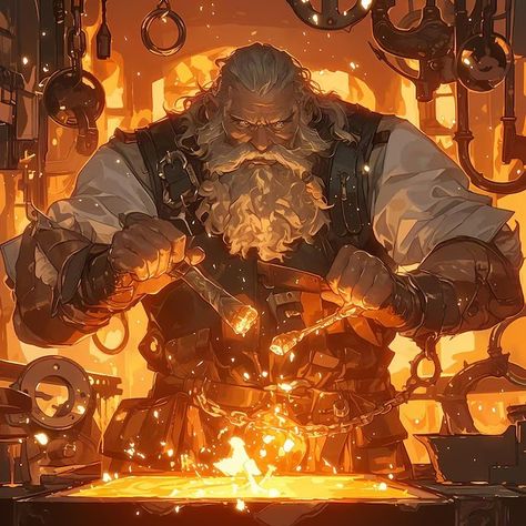 Blacksmith Forge Fantasy Art, Blacksmith Rpg, Fantasy Forge Concept Art, Elven Blacksmith, Anime Blacksmith, Blacksmith Character Design, Blacksmith Aesthetic, Fantasy Blacksmith, Forge Cleric