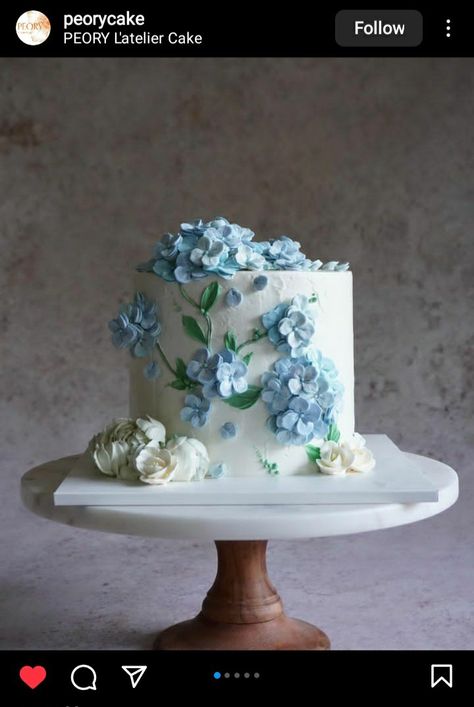 Birthday Cake Blue Flowers, White Cake Blue Flowers, Something Blue Cake, White Cake With Blue Flowers, Blue Bridal Shower Cake, Blue Hydrangea Cake, Blue Floral Cake, Minimal Cakes, Blue And White Cake