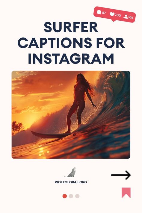 Promotional graphic for "Surfer Captions for Instagram" with a surfer at sunset.
Illustration featuring a list of surfing-themed phrases with checkmarks and emojis.
A smiling woman with a laptop amid graphics promoting Instagram engagement with likes and comments. Surfer Captions, Surfer Instagram, Perfect Captions, Salty Hair, Tidal Wave, Captions For Instagram, Ocean Vibes, Ocean Lover, Making Waves