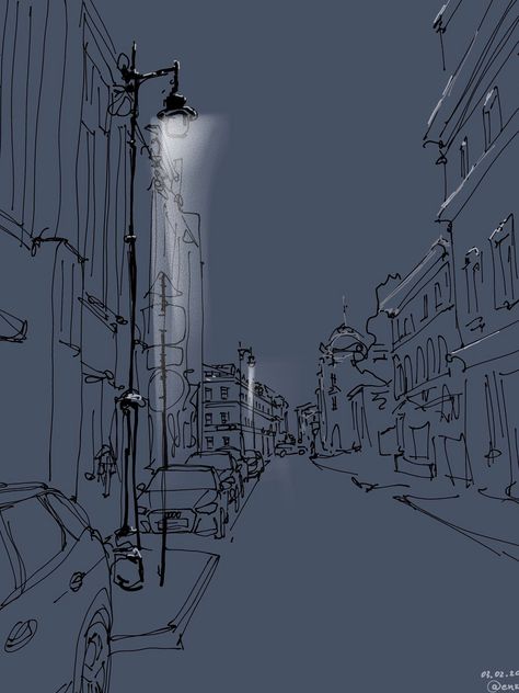 Night Drawing, Night Street, City Drawing, Architecture Drawing Art, City Landscape, Night Painting, Night Art, Sketch Painting, Urban Sketching