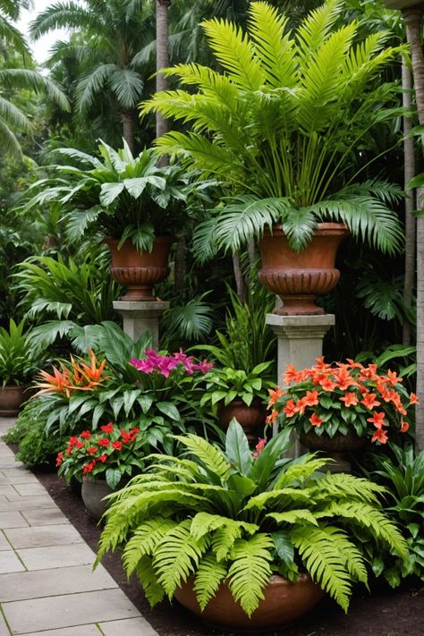 20 Front Yard Tropical Garden Design Ideas - Toolz Geek Front Yard Landscaping Potted Plants, Tropical Courtyard Garden Ideas, Tropical Garden Inspiration, Mediterranean Potted Garden, Plant Landscape, Tropical Planting, Front Yard Garden Landscaping, Tropical Plant Landscaping, Florida Garden Design