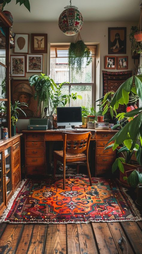 Cozy Bohemian Office, Dream Home Office Cozy, Cozy Space Aesthetic, Vintage Plant Room, Warm Desk Setup, Cozy Writing Spaces, Cosy Office Space, Cottage Core Office Ideas, Work From Home Desk Setup Small Space